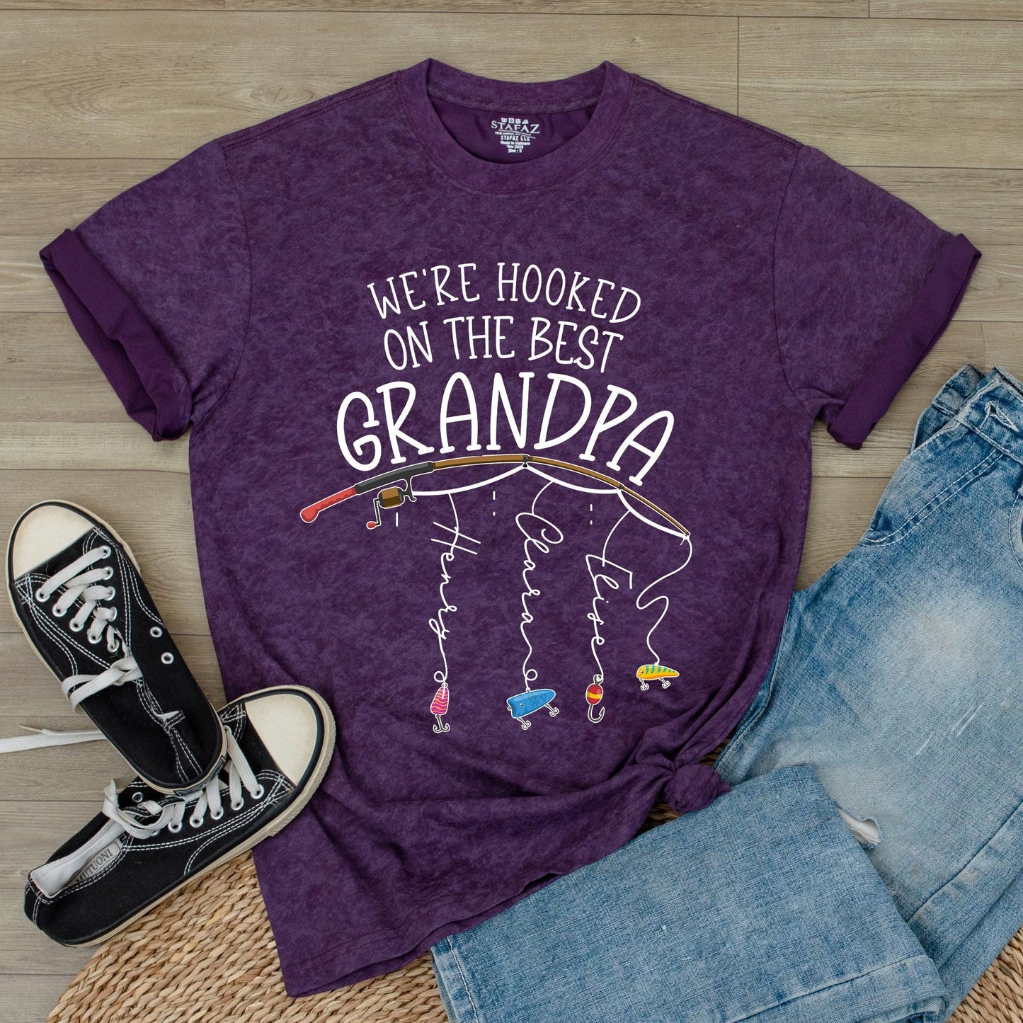 Personalized Grandpa Fishing Shirt, Hooked on Grandpa Gift from Grandkids, Fathers Day Fishing Tee for Dad, Custom Name