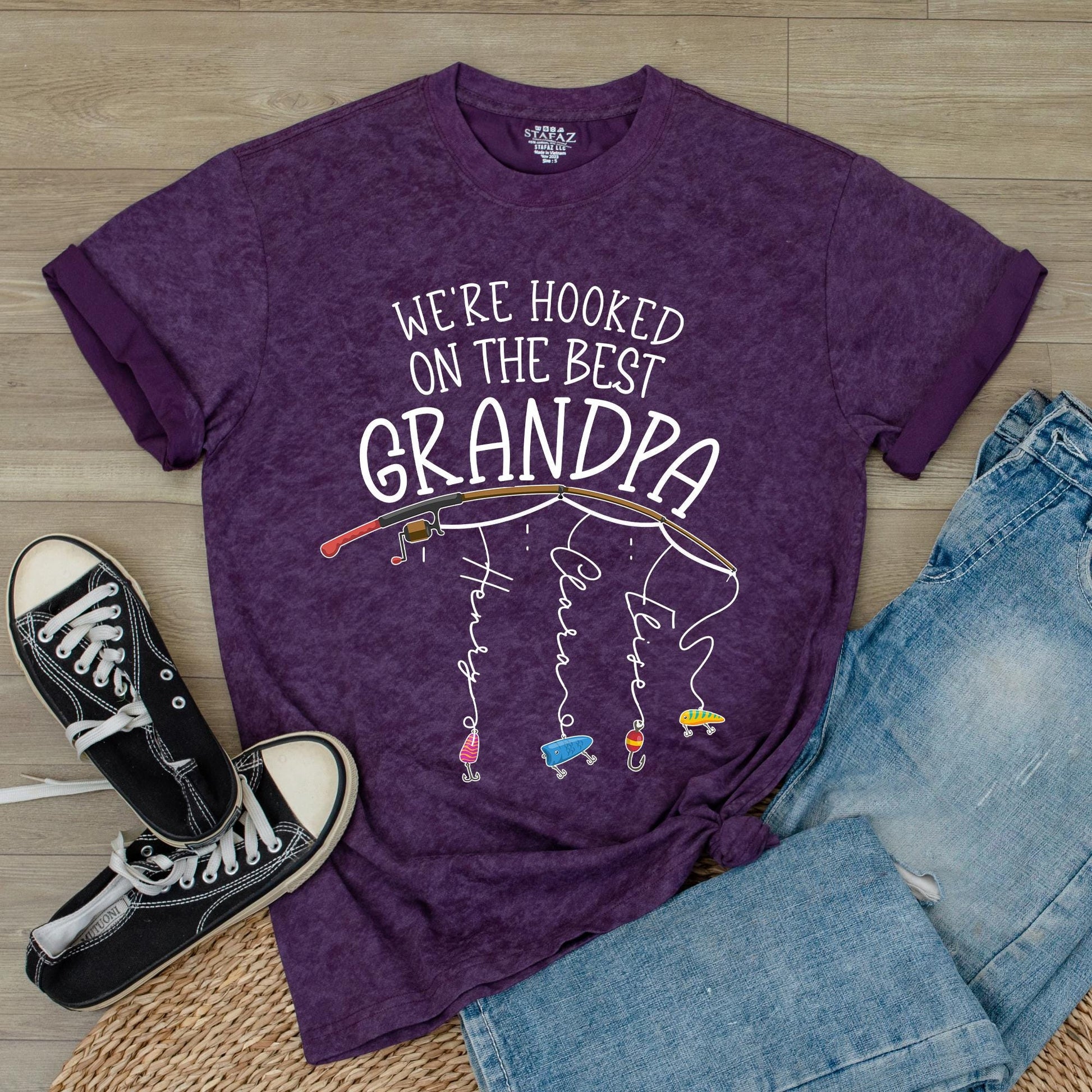 Personalized Grandpa Fishing Shirt, Hooked on Grandpa Gift from Grandkids, Fathers Day Fishing Tee for Dad, Custom Name