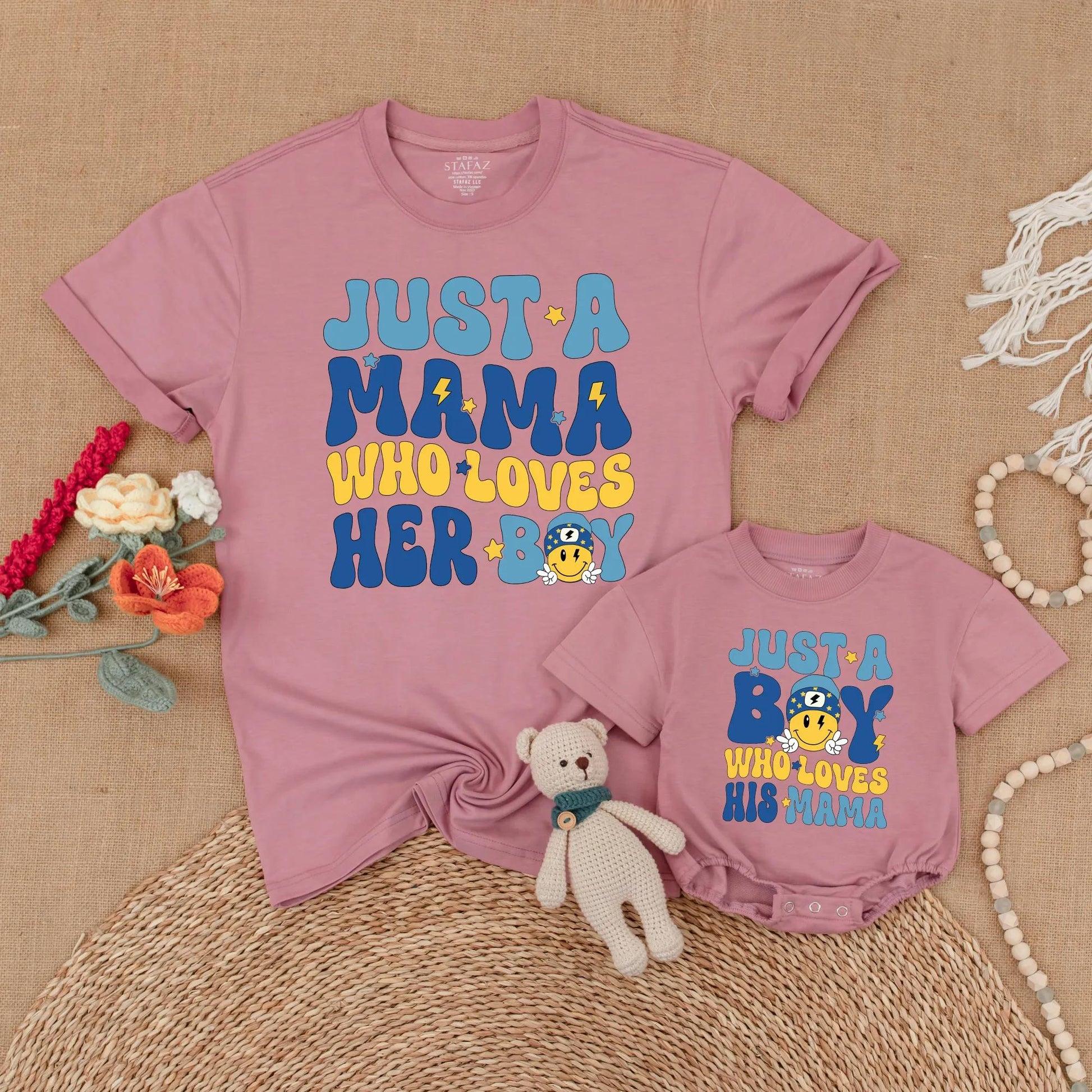 Just A Mama Who Loves Her Boy Matching Mother Son Shirt & Bubble Romper Set Soft Comfortable Cotton Family Outfits New Mom Gift