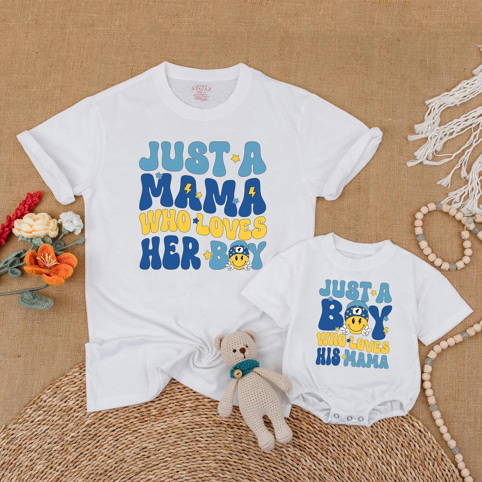Just A Mama Who Loves Her Boy Matching Mother Son Shirt & Bubble Romper Set Soft Comfortable Cotton Family Outfits New Mom Gift