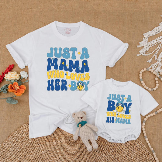 Just A Mama Who Loves Her Boy Matching Mother Son Shirt & Bubble Romper Set Soft Comfortable Cotton Family Outfits New Mom Gift