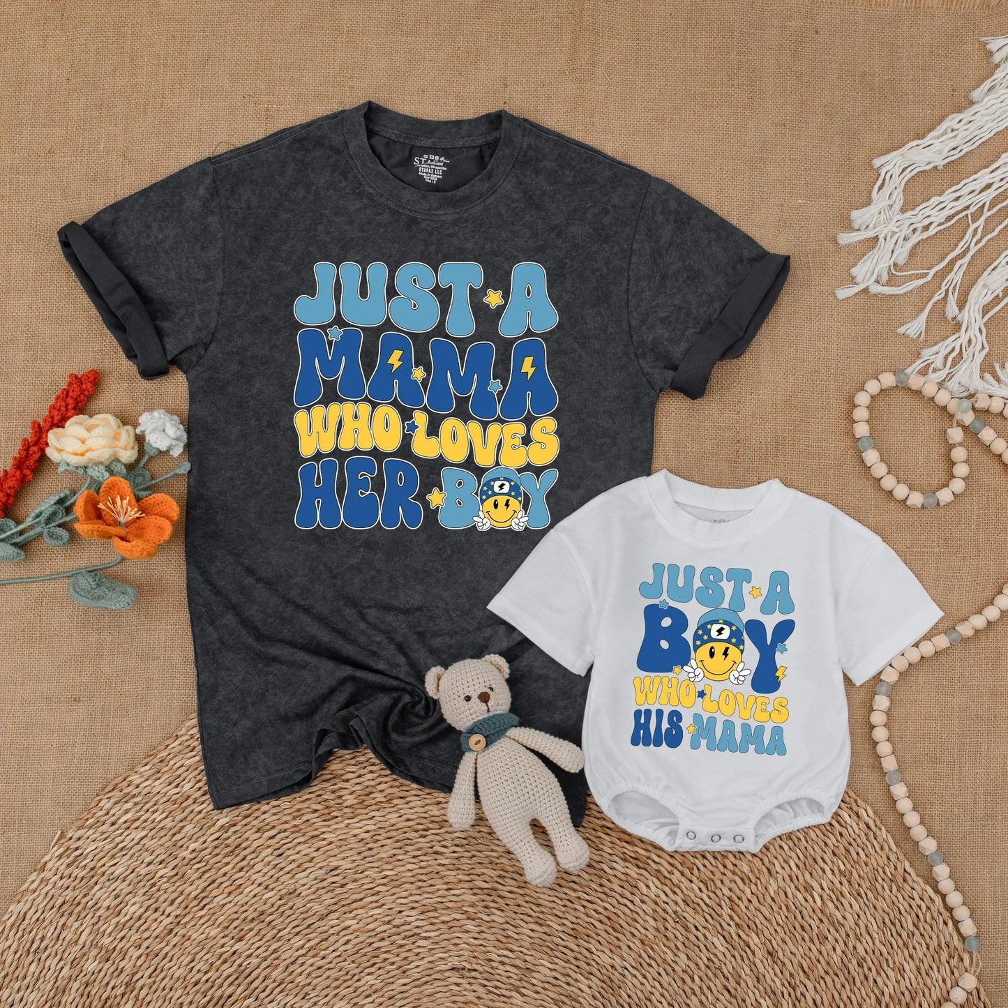 Just A Mama Who Loves Her Boy Matching Mother Son Shirt & Bubble Romper Set Soft Comfortable Cotton Family Outfits New Mom Gift