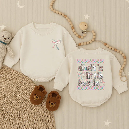 Dada's Little Bestie Bubble Romper Baby Girl Outfit, Pastel Checkerboard Floral Print Pink Blue Ribbon Accents Father's Day Gift Infant Clothes