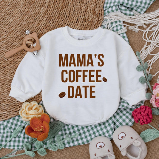 Mama's Coffee Date Baby Bubble Romper Long Sleeve Little Bean Bodysuit Neutral Cozy Minimalist Coming Home Outfit Trendy Baby Shower Gift
