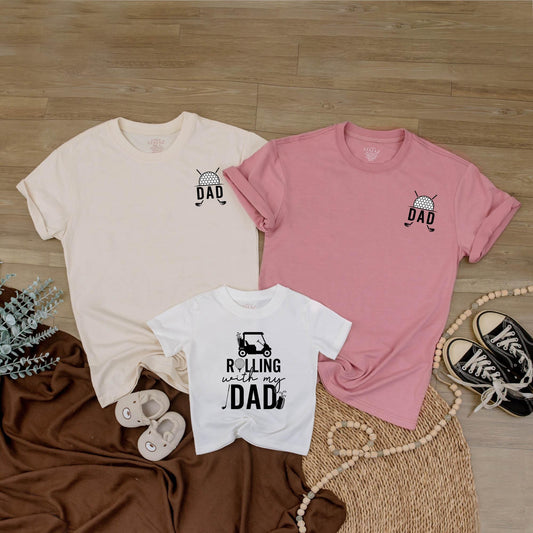 Rolling With My Dad Matching Golf Cart Shirt & Baby Bubble Romper Set Funny Father's Day Gift for Dads & Babies Monochromatic Design