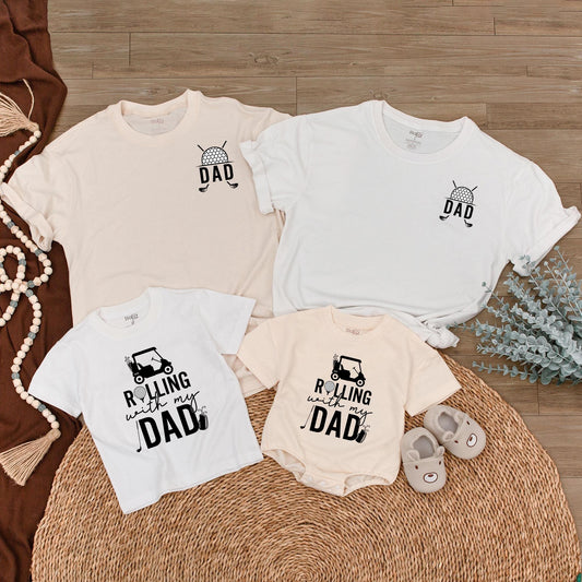 Rolling With My Dad Matching Golf Cart Shirt & Baby Bubble Romper Set Funny Father's Day Gift for Dads & Babies Monochromatic Design