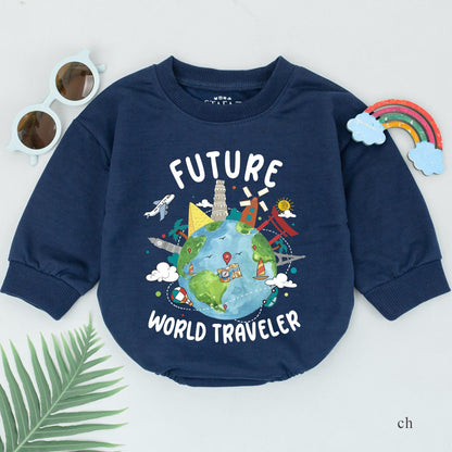 Future World Traveler Baby Romper Adventure Outfit, Cute Explorer Baby Boy or Girl Gift, Travel Baby Shower Gift 135 Characters