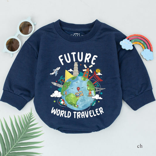 Future World Traveler Baby Romper Adventure Outfit, Cute Explorer Baby Boy or Girl Gift, Travel Baby Shower Gift 135 Characters