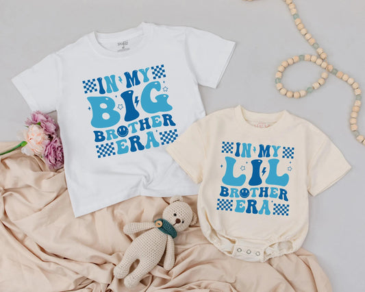 Personalized Big Brother Lil Brother Matching Outfits Retro Blue Checkerboard Era Shirt & Romper Sibling Boy Announcement Gift
