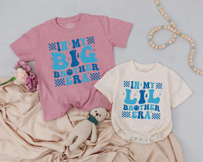 Personalized Big Brother Lil Brother Matching Outfits Retro Blue Checkerboard Era Shirt & Romper Sibling Boy Announcement Gift
