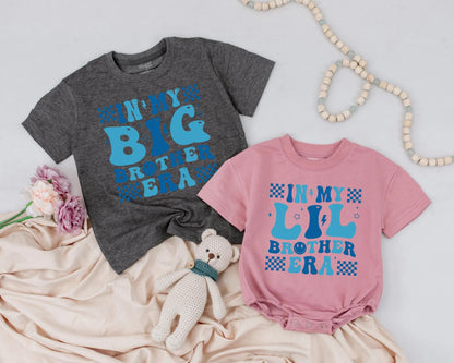Personalized Big Brother Lil Brother Matching Outfits Retro Blue Checkerboard Era Shirt & Romper Sibling Boy Announcement Gift