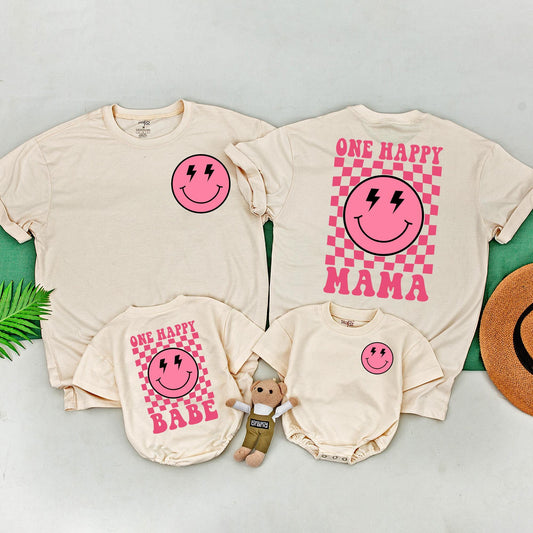 One Happy Babe Birthday Shirt First Birthday Outfit Matching Family Mommy and Me Baby Bodysuit Cute Smiley Face Design