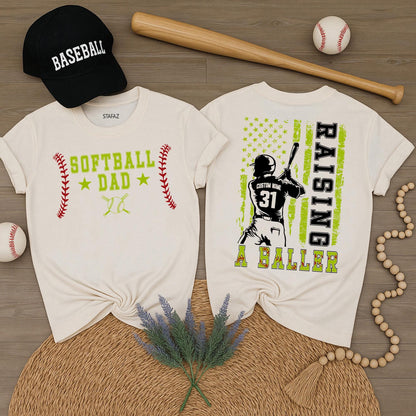 Custom Softball Dad Shirt Raising A Baller Father's Day Gift for Dad Yellow Ball Design Sports Dad Shirt
