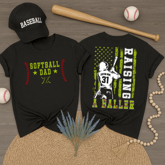 Custom Softball Dad Shirt Raising A Baller Father's Day Gift for Dad Yellow Ball Design Sports Dad Shirt