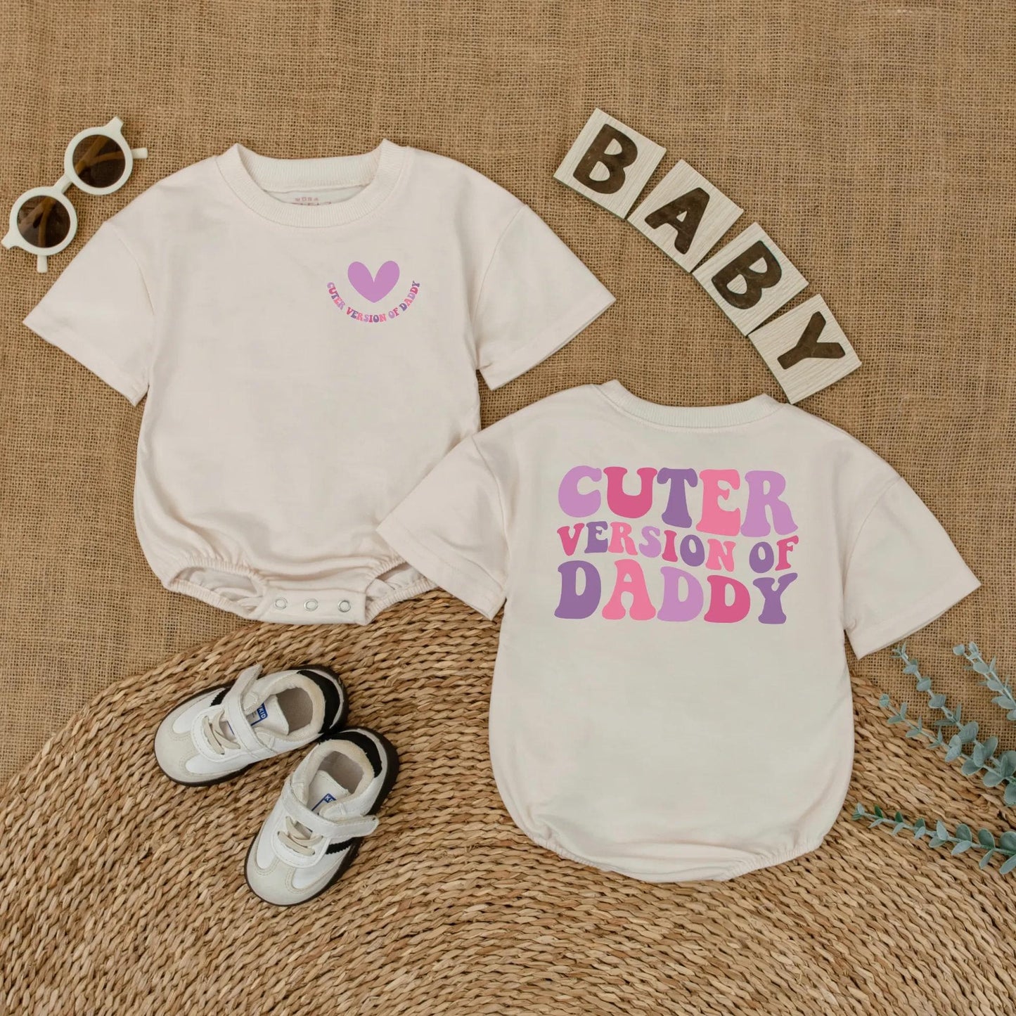 Cuter Version of Daddy Baby Romper with Heart Graphic | Father's Day Bodysuit Gift for Baby Girl Pink & Purple Wavy Text Retro Style