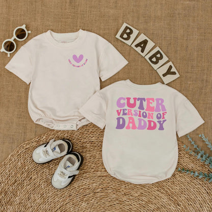 Cuter Version of Daddy Baby Romper with Heart Graphic | Father's Day Bodysuit Gift for Baby Girl Pink & Purple Wavy Text Retro Style