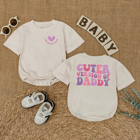 Cuter Version of Daddy Baby Romper with Heart Graphic | Father's Day Bodysuit Gift for Baby Girl Pink & Purple Wavy Text Retro Style