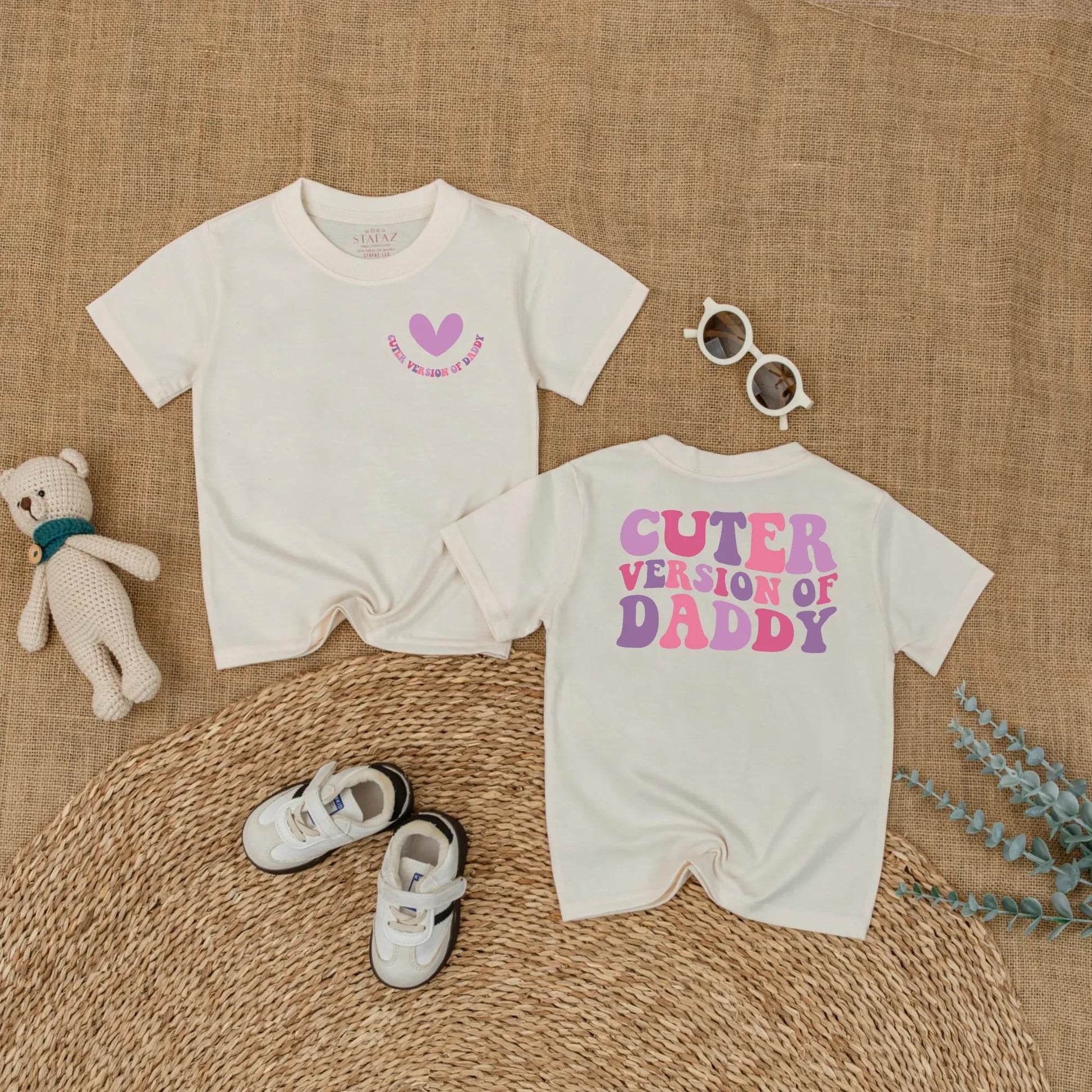 Cuter Version of Daddy Baby Romper with Heart Graphic | Father's Day Bodysuit Gift for Baby Girl Pink & Purple Wavy Text Retro Style