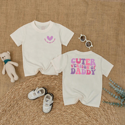 Cuter Version of Daddy Baby Romper with Heart Graphic | Father's Day Bodysuit Gift for Baby Girl Pink & Purple Wavy Text Retro Style