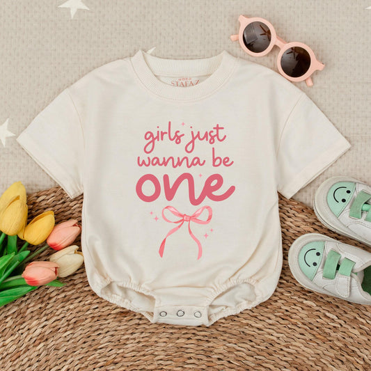 Pink Bow Girls Just Wanna Be One First Birthday Bubble Romper Outfit for Baby Girl 1st Party Celebration Soft Comfortable Cotton Apparel