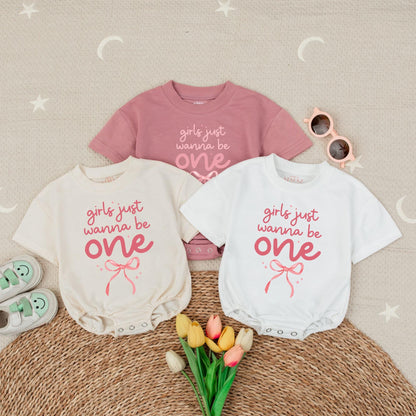 Pink Bow Girls Just Wanna Be One First Birthday Bubble Romper Outfit for Baby Girl 1st Party Celebration Soft Comfortable Cotton Apparel
