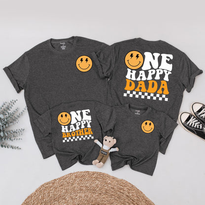 Matching One Happy Dude 1st Birthday Shirt Family Outfit, Happy Face Baby Boy Bodysuit, Wavy Letters Party Clothes