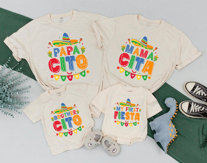Personalized My First Fiesta Birthday Shirt for Baby Boy Girl, Matching Family Mexican Party Outfit Mama Cita Papacito Taco Celebration