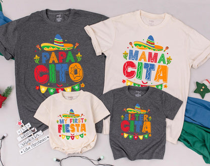 Personalized My First Fiesta Birthday Shirt for Baby Boy Girl, Matching Family Mexican Party Outfit Mama Cita Papacito Taco Celebration