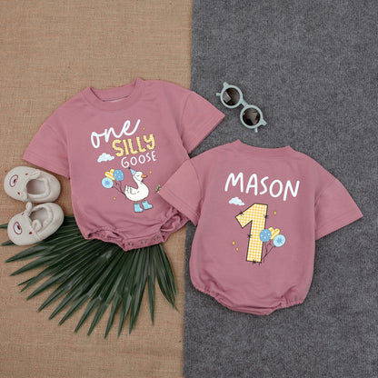 One Silly Goose Boy Baby Bubble Romper First Birthday Outfit Funny Goose Shirt Smash Cake Outfit Newborn Gift Idea