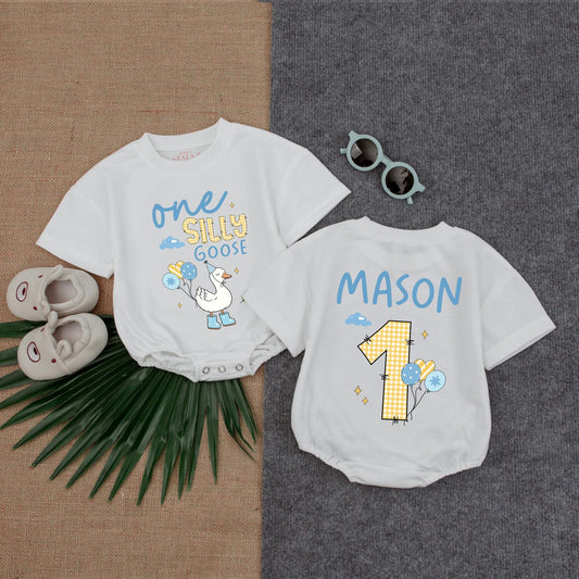 Custom "One Silly Goose" Boy Baby Bubble Romper – Personalized Baby Outfit – Funny Baby Boy Romper – Perfect for 1st Birthday or Photoshoots
