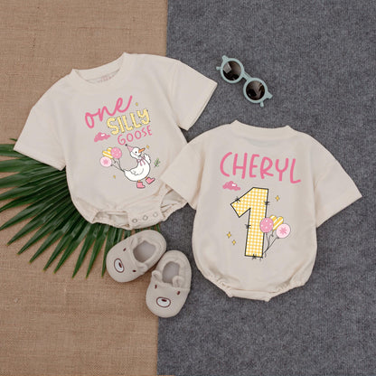 Custom Girl One Silly Goose T-shirt Baby Romper, 1st Birthday Silly Goose Bodysuit, Silly Goose Birthday Outfit, Short Sleeve Bubble Romper