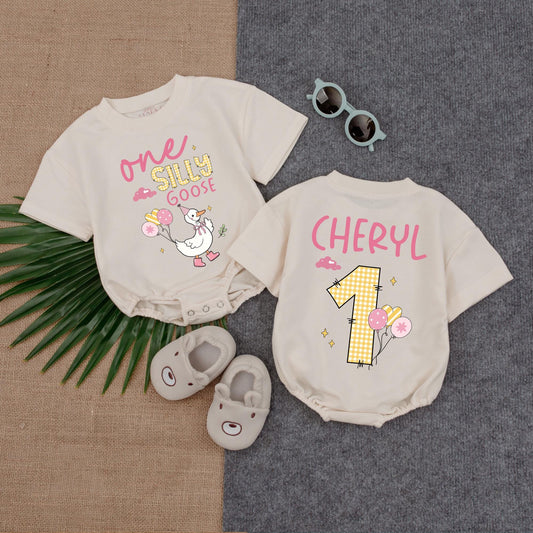 Silly Goose Baby Girl Romper 1st Birthday Outfit Short Sleeve Bubble Bodysuit Cute Farm Animal Themed Celebration Outfit