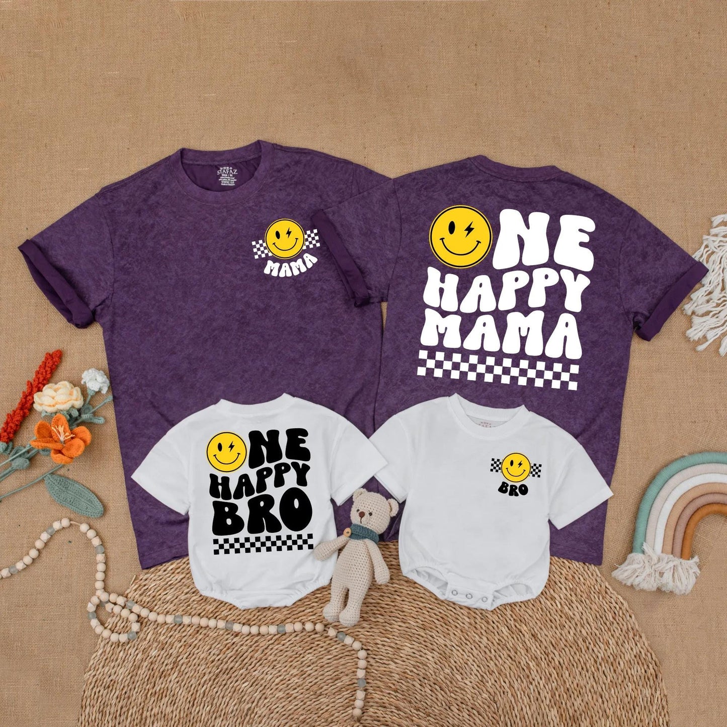One Happy Dude First Birthday Matching Family Shirts with Happy Smiley Face Design for Baby Boy 1st Birthday Party Celebration Outfit