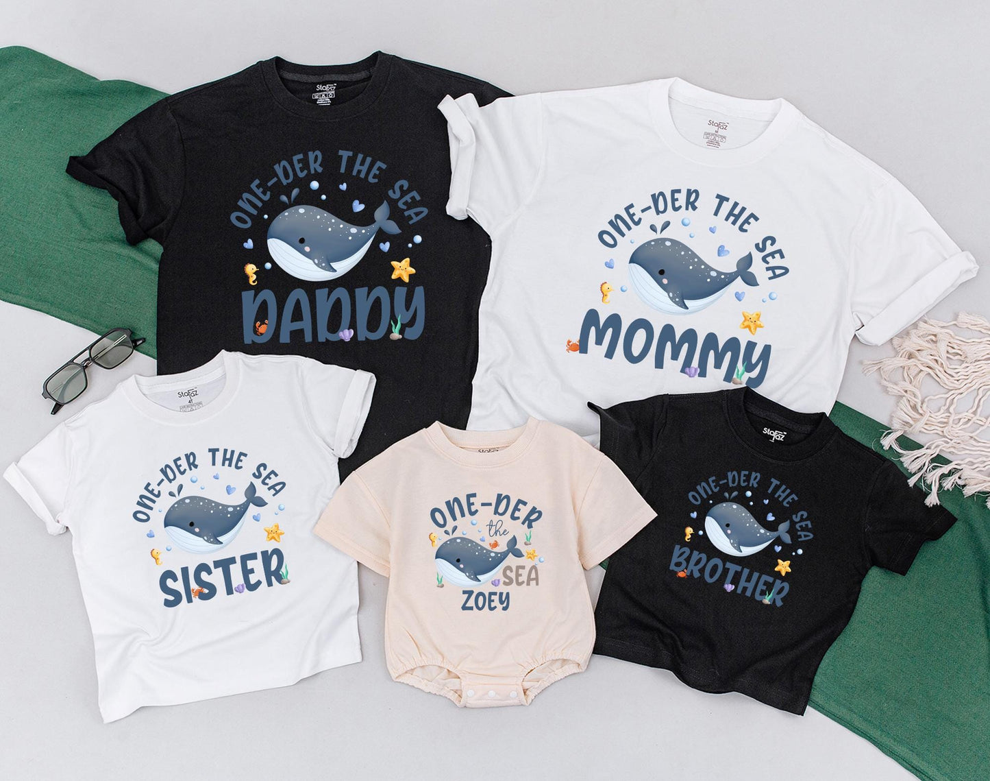 Matching Family Oneder The Sea Ocean Birthday Shirts Mermaid Baby Boy Romper Outfit Custom Name First Birthday Bodysuit Aquarium Sea Animals Theme