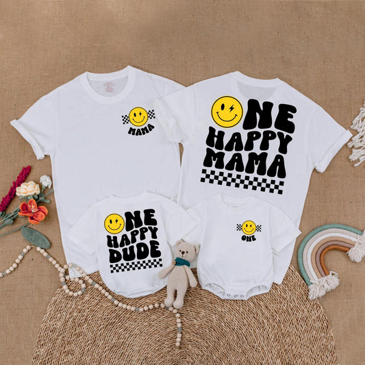 One Happy Dude First Birthday Matching Family Shirts with Happy Smiley Face Design for Baby Boy 1st Birthday Party Celebration Outfit
