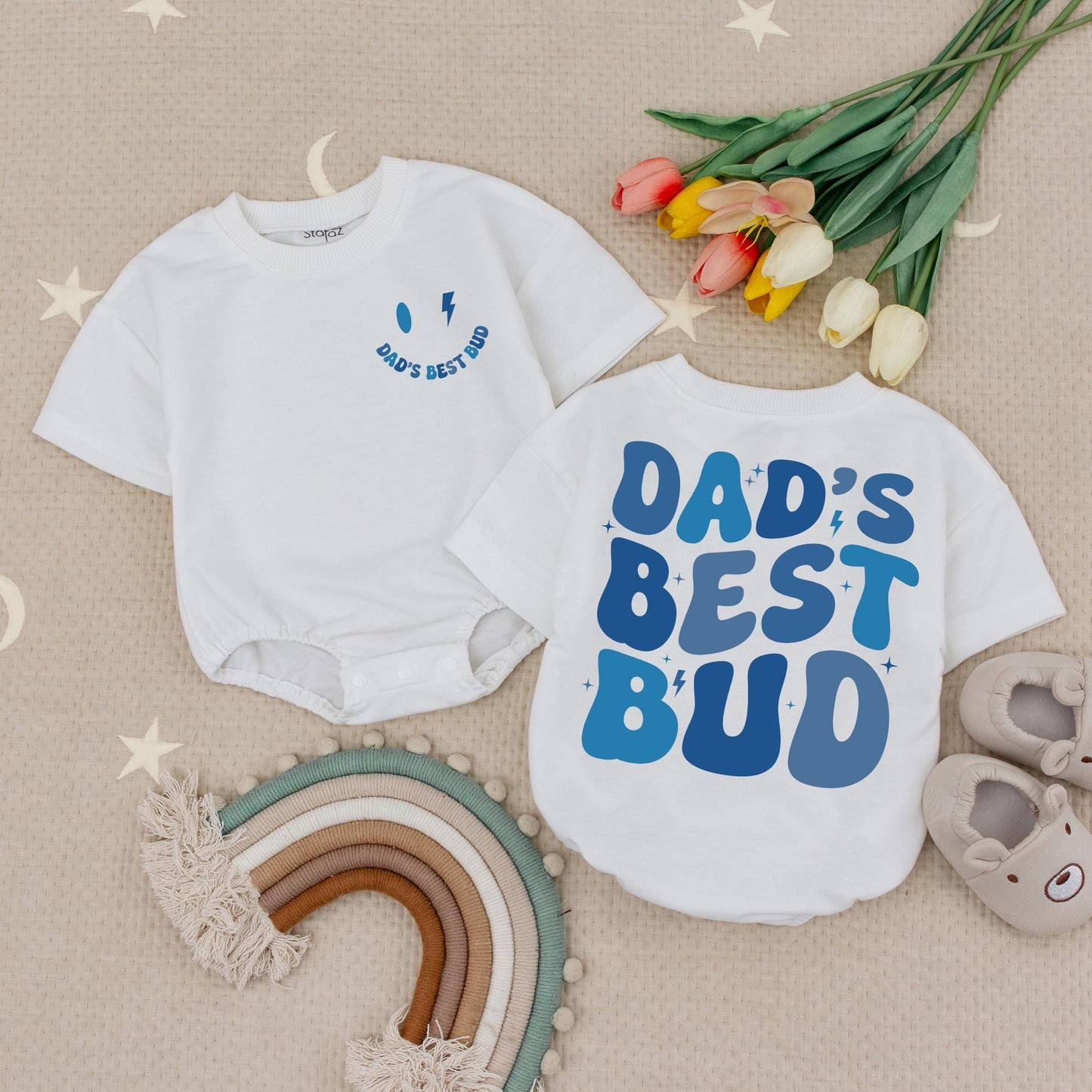 Daddy's Best Bud Baby Romper Cute Blue Lightning Bolt Smiley Face Gift for New Dad First Father's Day Announcement