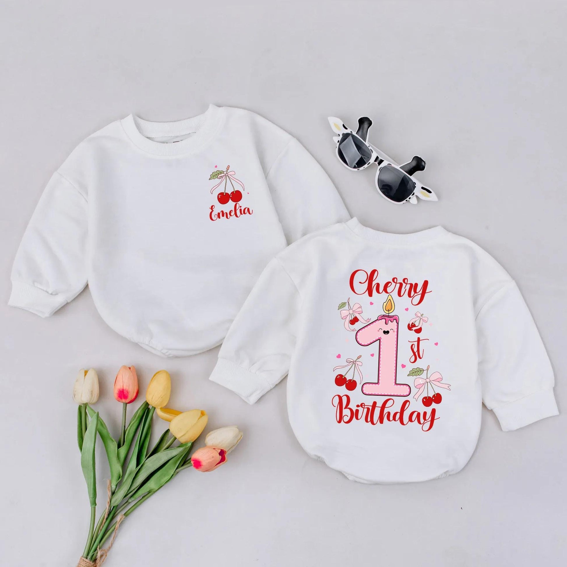 Personalized Cherry 1st Birthday Romper for Baby Girl, Cute Toddler Outfit, Funny Party Clothes, Baby Shower Gift, Cozy Romper