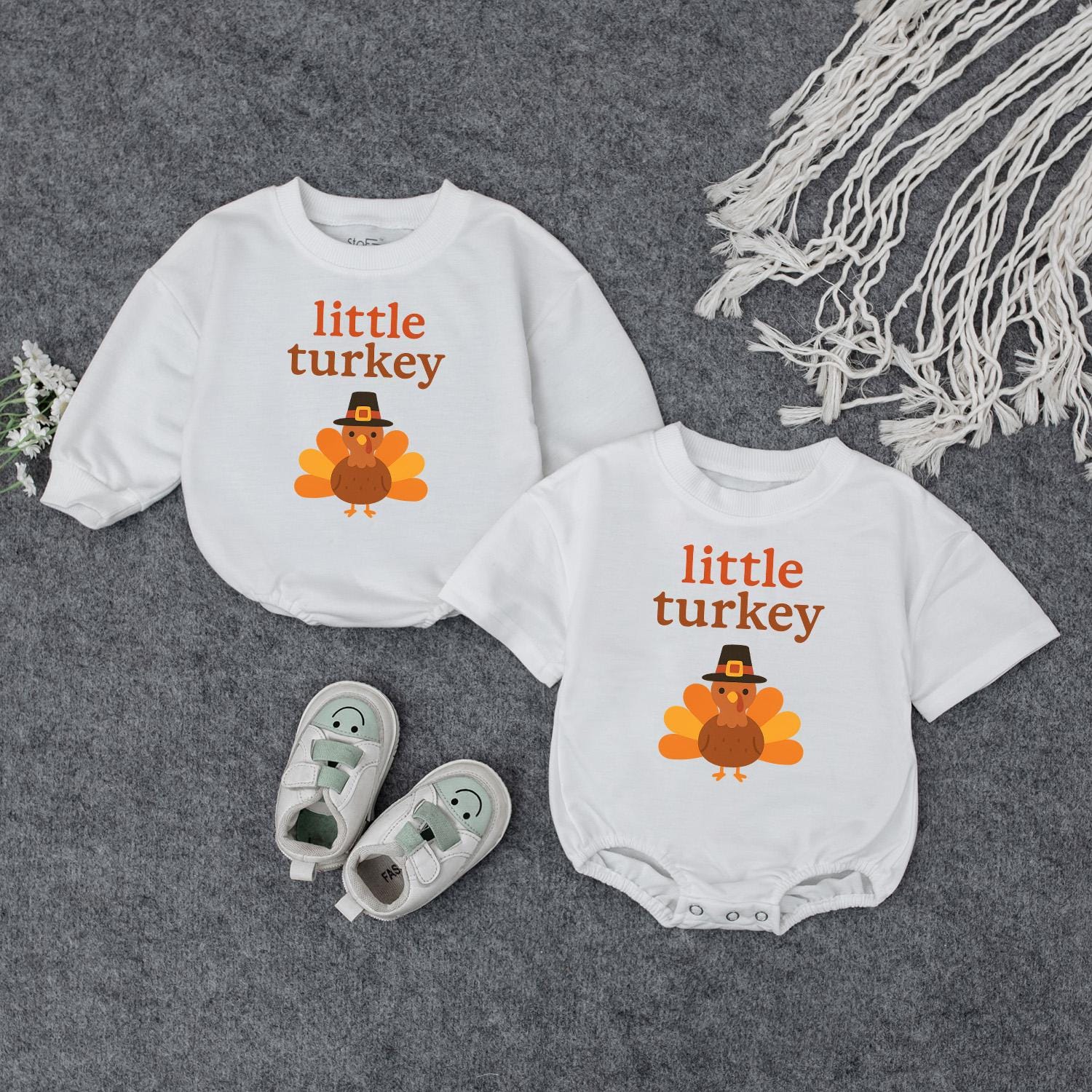 Little Turkey First Thanksgiving Romper Gift Set, Cute Pilgrim Turkey Outfit for Baby's First Fall Celebration, Coming Home Outfit,  Thankful  (138 chars)