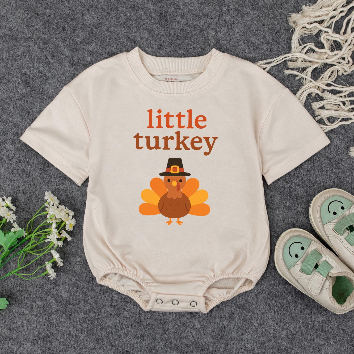 Little Turkey First Thanksgiving Romper Gift Set, Cute Pilgrim Turkey Outfit for Baby's First Fall Celebration, Coming Home Outfit,  Thankful  (138 chars)