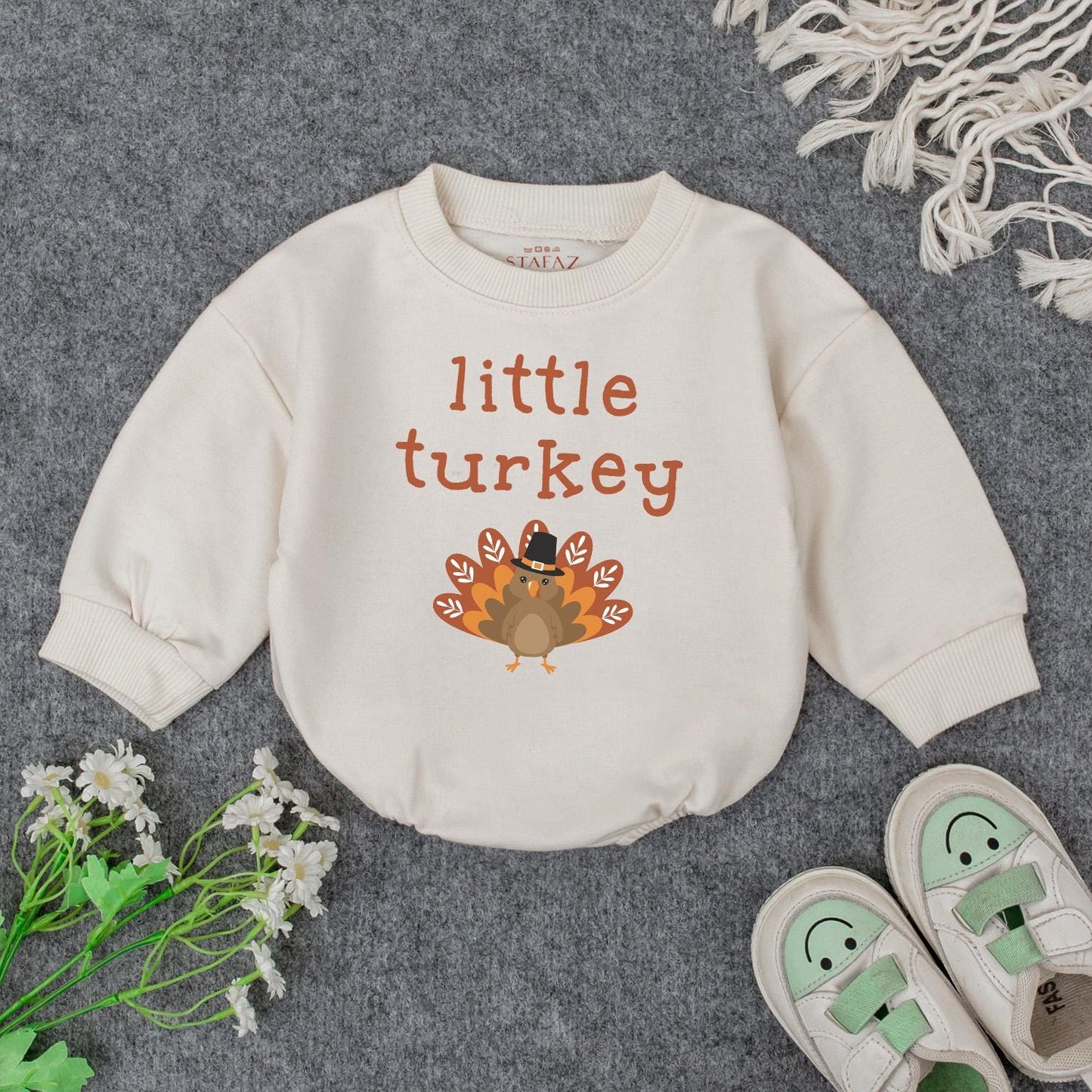 Little Turkey Thanksgiving Romper, Cute Cartoon Turkey Baby Outfit with Pilgrim Hat, First Thanksgiving Bodysuit, Thanksgiving Baby Shower Gift for Autumn Baby (139 chars)