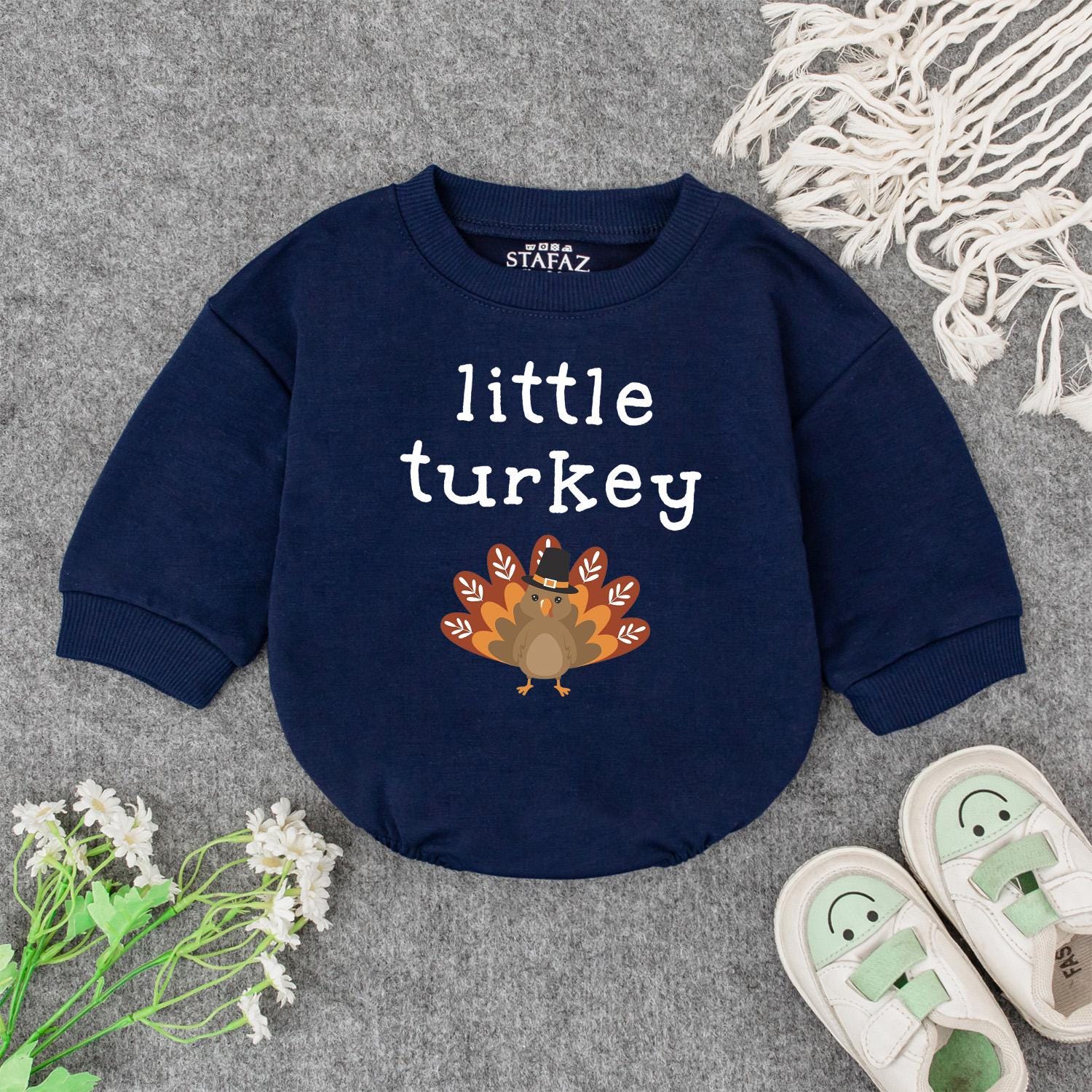 Little Turkey Thanksgiving Romper, Cute Cartoon Turkey Baby Outfit with Pilgrim Hat, First Thanksgiving Bodysuit, Thanksgiving Baby Shower Gift for Autumn Baby (139 chars)