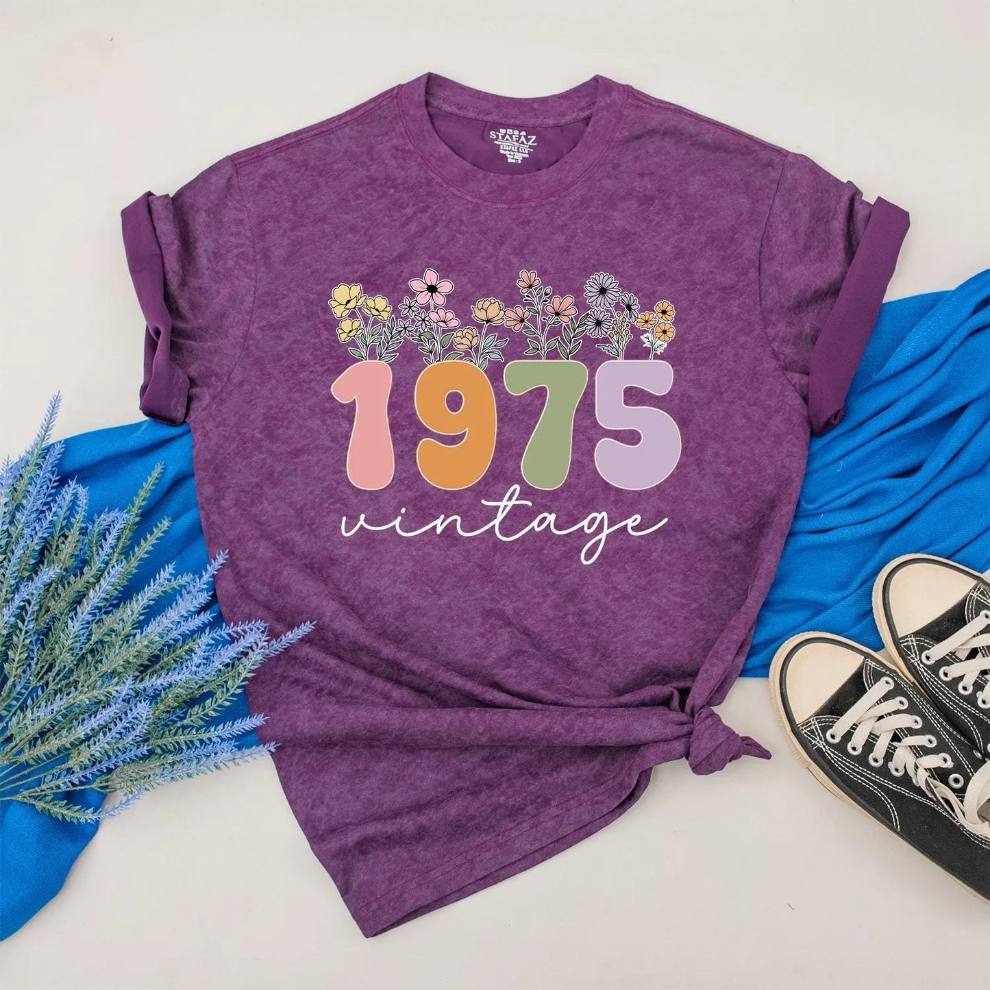 Custom 1975 Birthday Shirt for Women, Floral 50th Gift, Vintage 70s Aesthetic Outfit, Personalized Year Tee, Birthday Present for Her