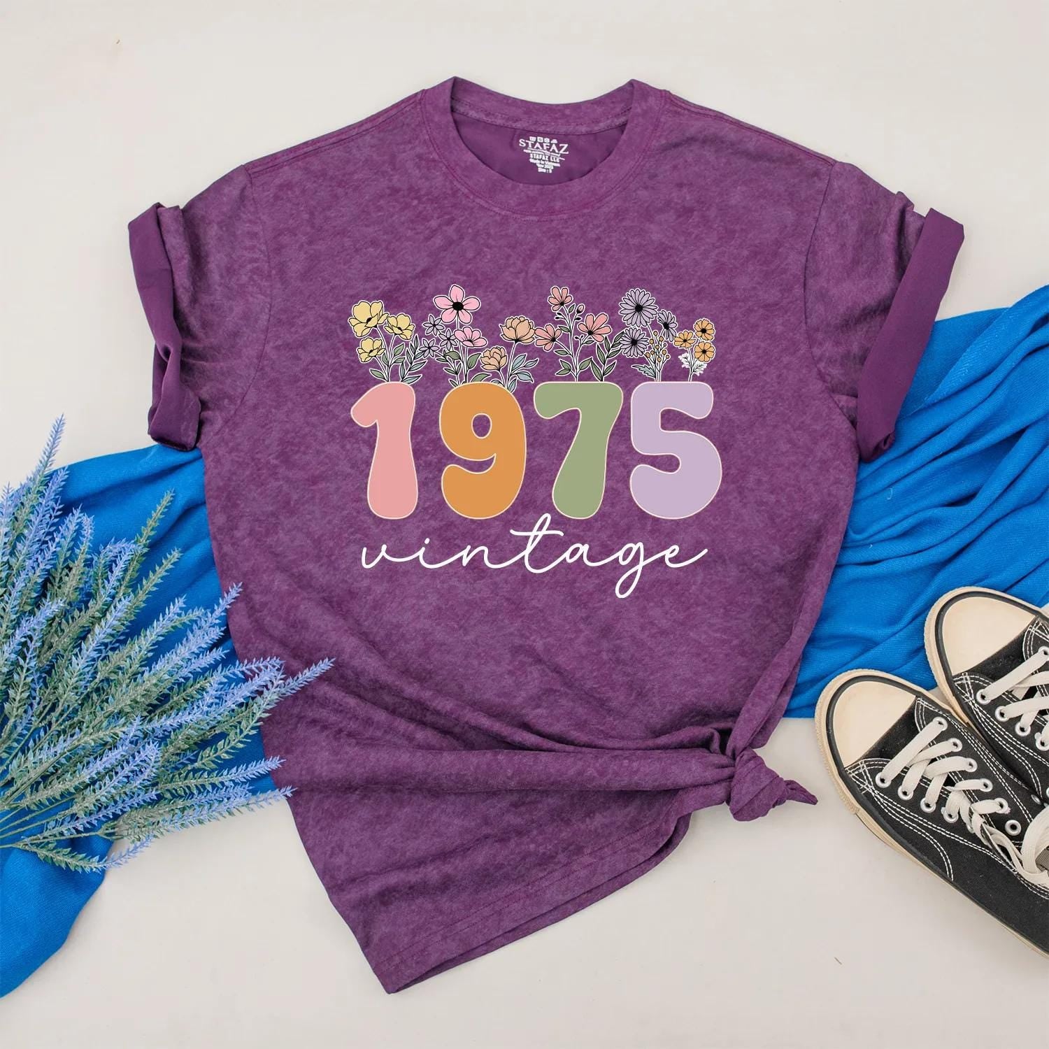 Custom 1975 Birthday Shirt for Women, Floral 50th Gift, Vintage 70s Aesthetic Outfit, Personalized Year Tee, Birthday Present for Her