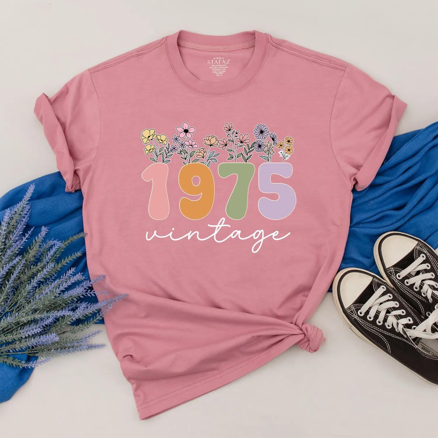 Custom 1975 Birthday Shirt for Women, Floral 50th Gift, Vintage 70s Aesthetic Outfit, Personalized Year Tee, Birthday Present for Her