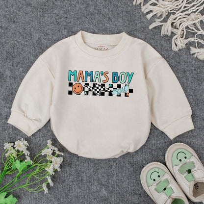 Retro Mama's Boy Romper: Groovy Checkered Bodysuit for Baby Boy, Fun Smiley Face Skateboard Outfit, Soft Cotton Clothes Gift Idea (138 chars)