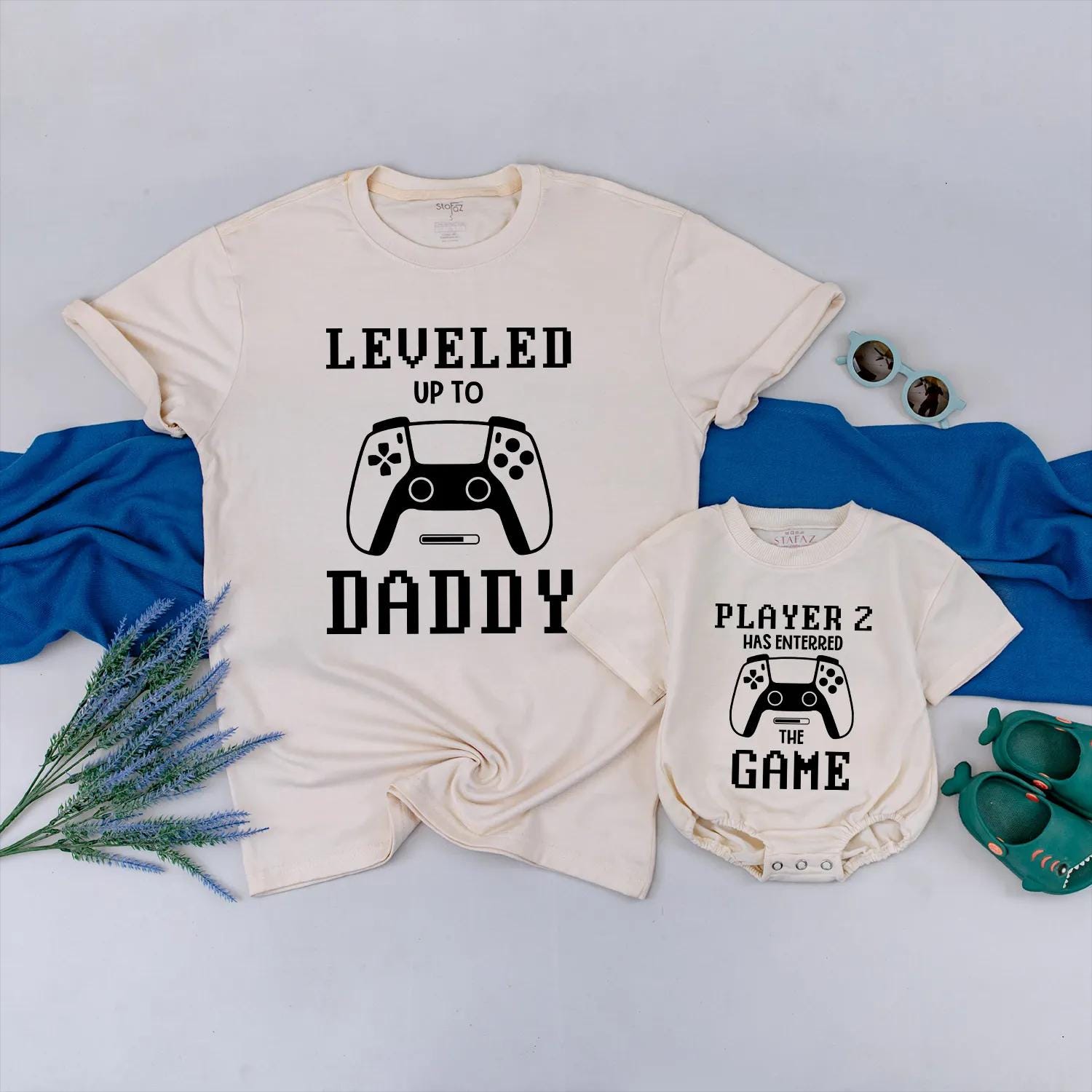 Gamer Dad Leveled Up to Daddy Player 2 Baby Romper Matching Outfits New Dad Gift Father's Day