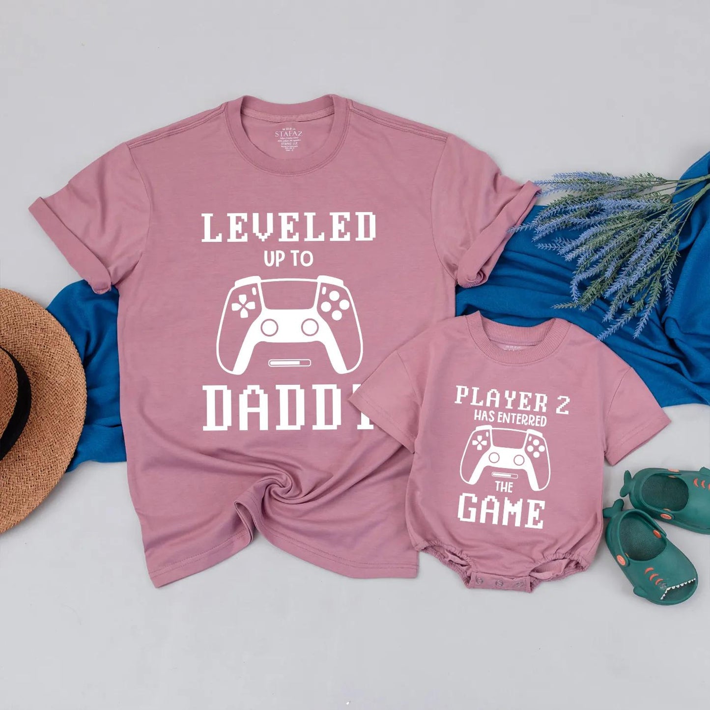 Gamer Dad Leveled Up to Daddy Player 2 Baby Romper Matching Outfits New Dad Gift Father's Day