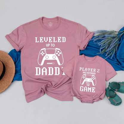 Gamer Dad Leveled Up to Daddy Player 2 Baby Romper Matching Outfits New Dad Gift Father's Day