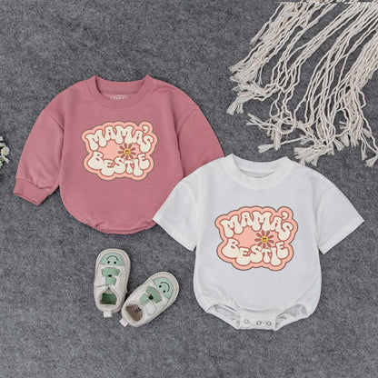 Mama's Bestie Romper, Retro Baby Bodysuit for Cool Moms! Playful Newborn Outfit, I Love Mom Gift, Vintage Little Girl Clothes, Big Sister Style 139 chars
