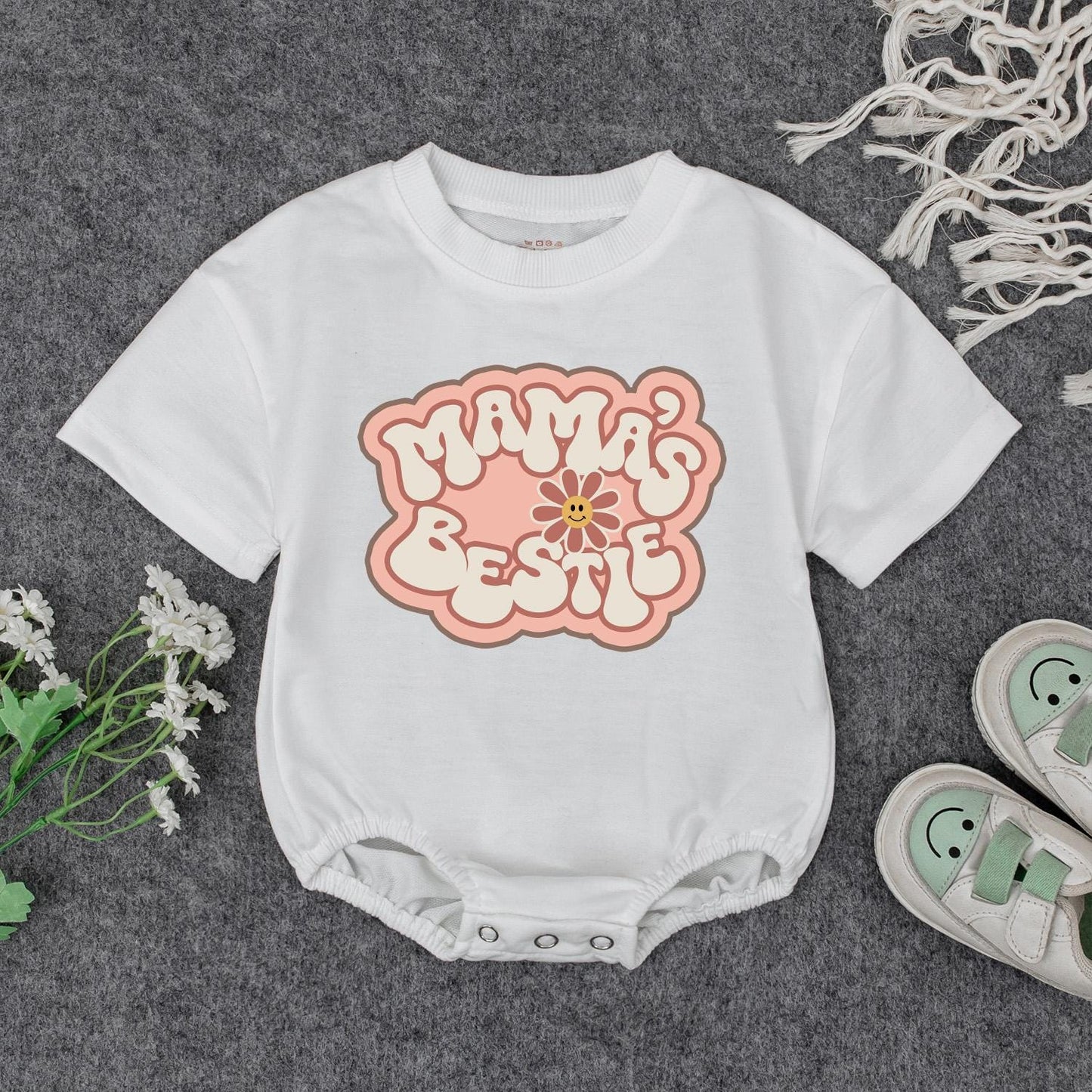 Mama's Bestie Romper, Retro Baby Bodysuit for Cool Moms! Playful Newborn Outfit, I Love Mom Gift, Vintage Little Girl Clothes, Big Sister Style 139 chars